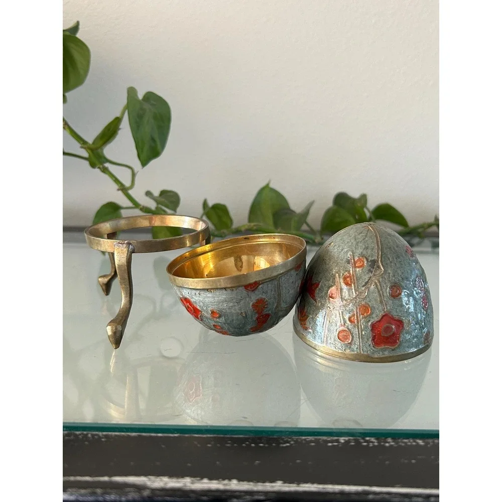 Floral Cloisonne Egg Trinket Box with Brass Stand